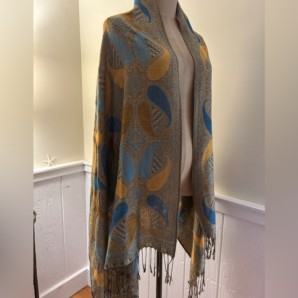 Vintage Oversized Pashmina Wrap Scarf Teal Gold Paisley Fringe Shawl